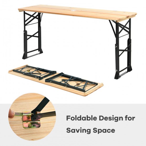 66.5 Inch Folding Table Wood Portable Foldable Picnic Desk With Adjustable Heights and Umbrella Hole