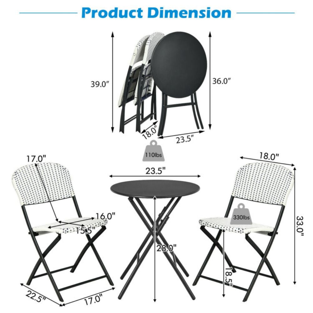 3-Piece Patio Rattan Outdoor Bistro Set with Round Dining Table and 2-Chairs
