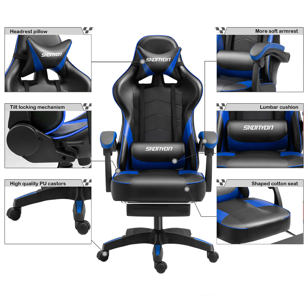 SUGIFT Gaming Chair Office Chair Ergonomic PC Computer Chair Reclining Racing Chair with Headrest and Lumbar Support Gaming Chair for Adults Men Women Teens Desk Chair (Black+Blue)
