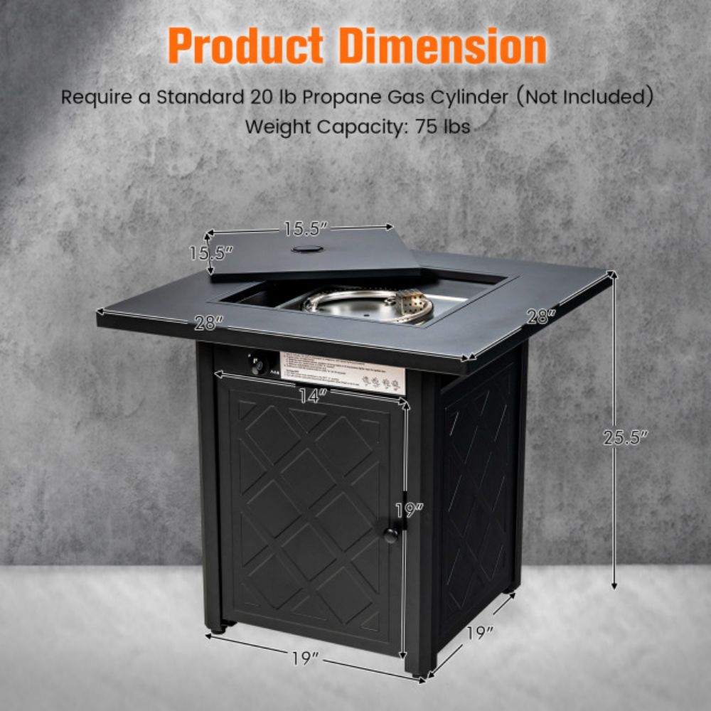 28 in. Outdoor Steel Square Propane Gas Fire Pit Table with Lava Rock