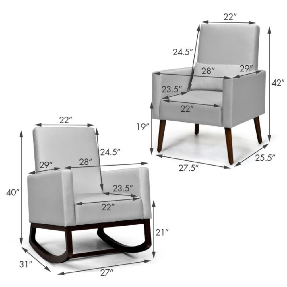 2-in-1 Wood Fabric Upholstered Patio Outdoor Rocking Chair in Light Gray with Cushion and Pillow