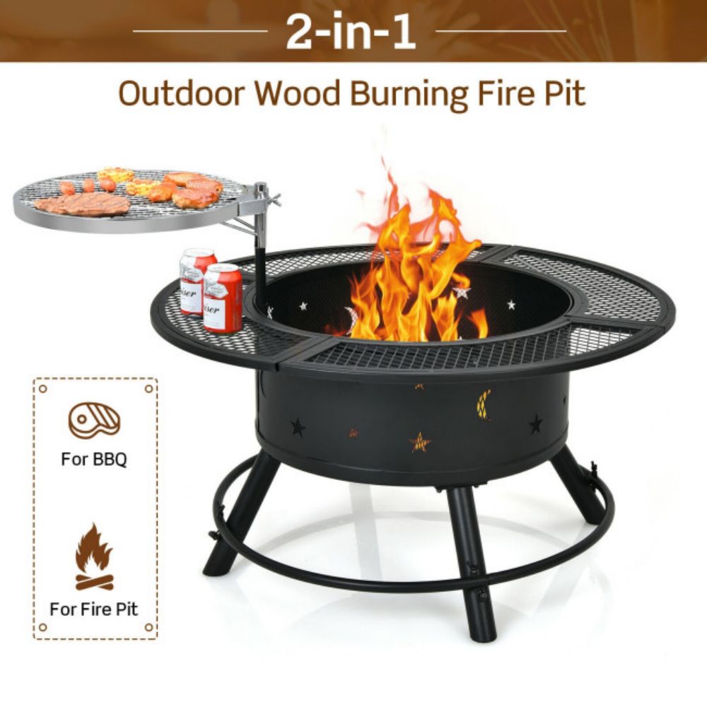 32 in. Outdoor Square Wood Burning Fire Pit with 360-Degree Swivel BBQ Grate