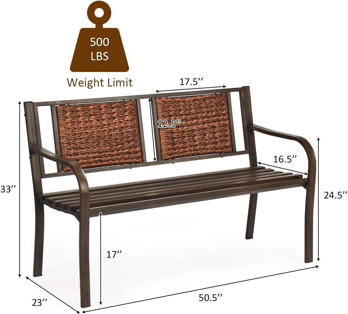 50.5 in. 2-Person Rattan Metal Outdoor Porch Patio Garden Bench