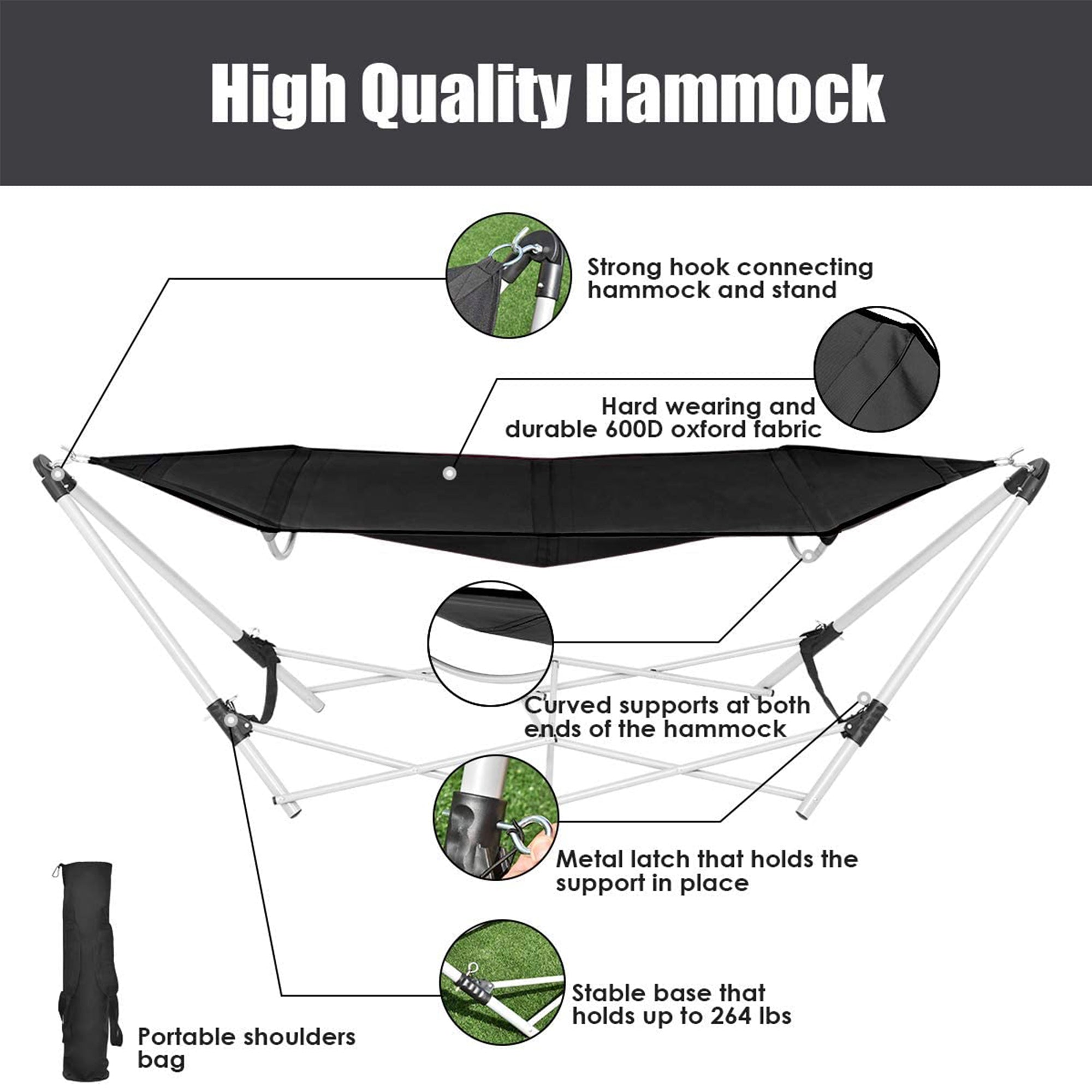 7.9 ft. Free Standing Bed Hammock in Black with Stand