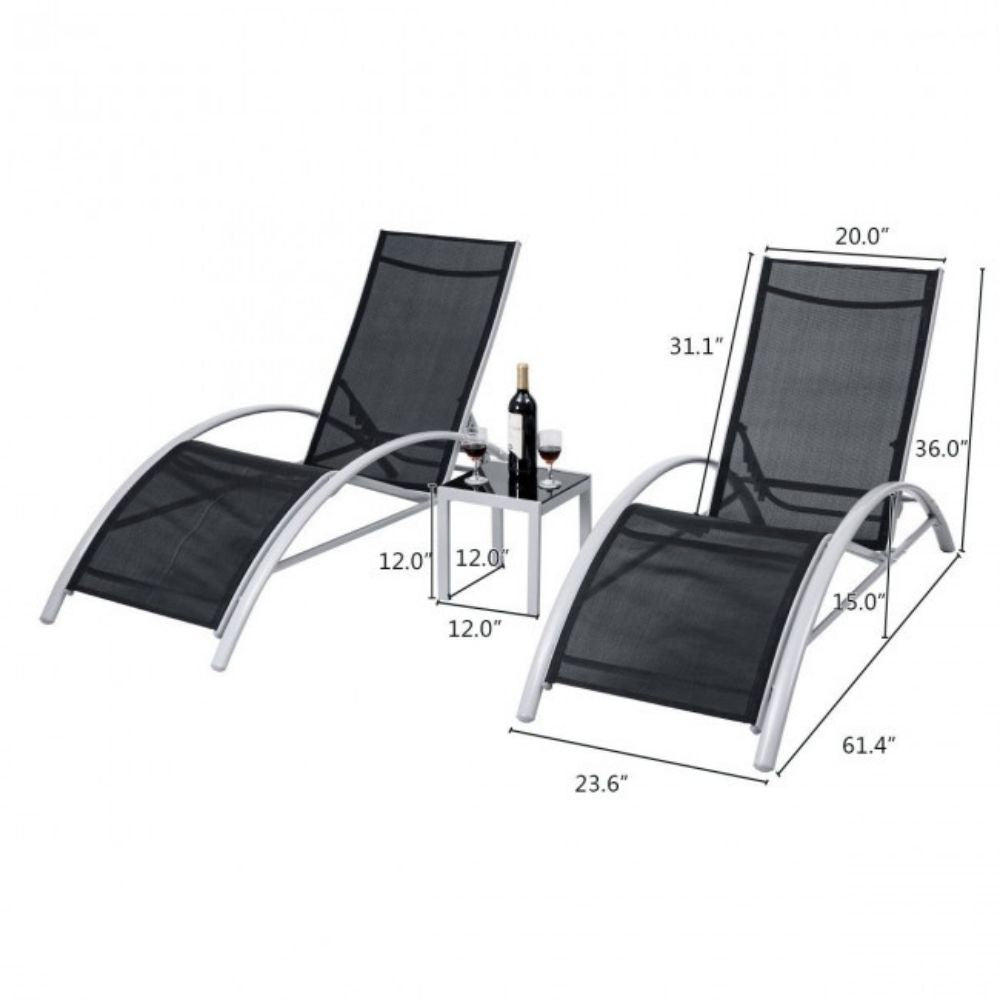 3-Piece Outdoor Metal Patio Adjustable Chaise Lounger Set