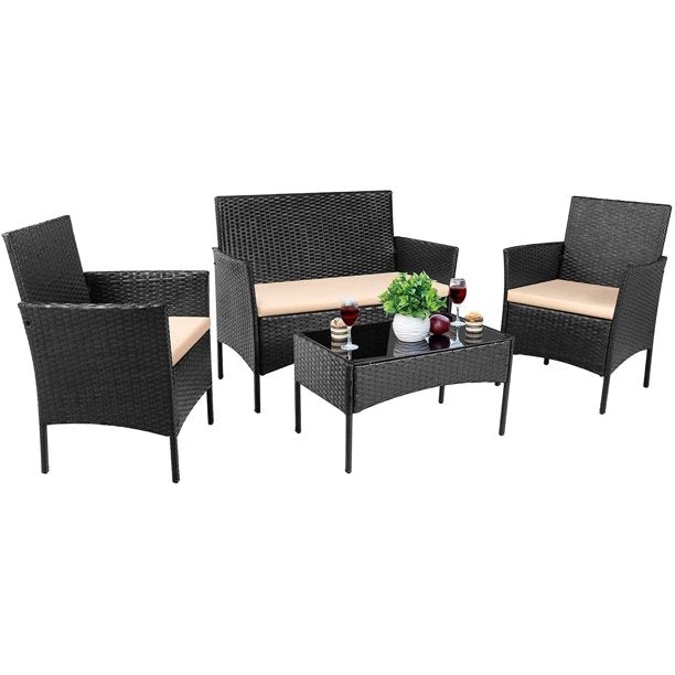 SUGIFT 4 Pieces Patio Porch Furniture Sets PE Rattan Wicker Chairs Beige Cushion with Table Outdoor Garden Patio Furniture Sets (Black)