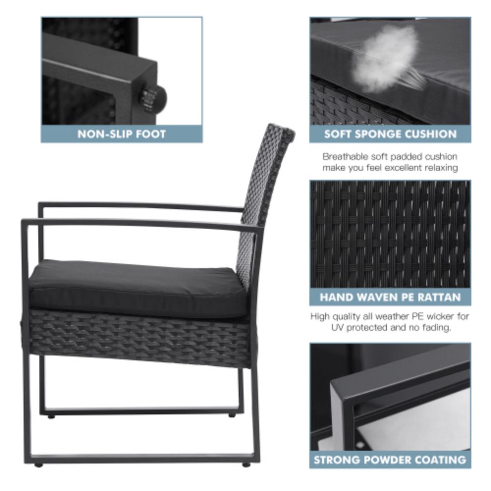 3-Piece Rattan Wicker Outdoor Patio Conversation Set with Black Cushion