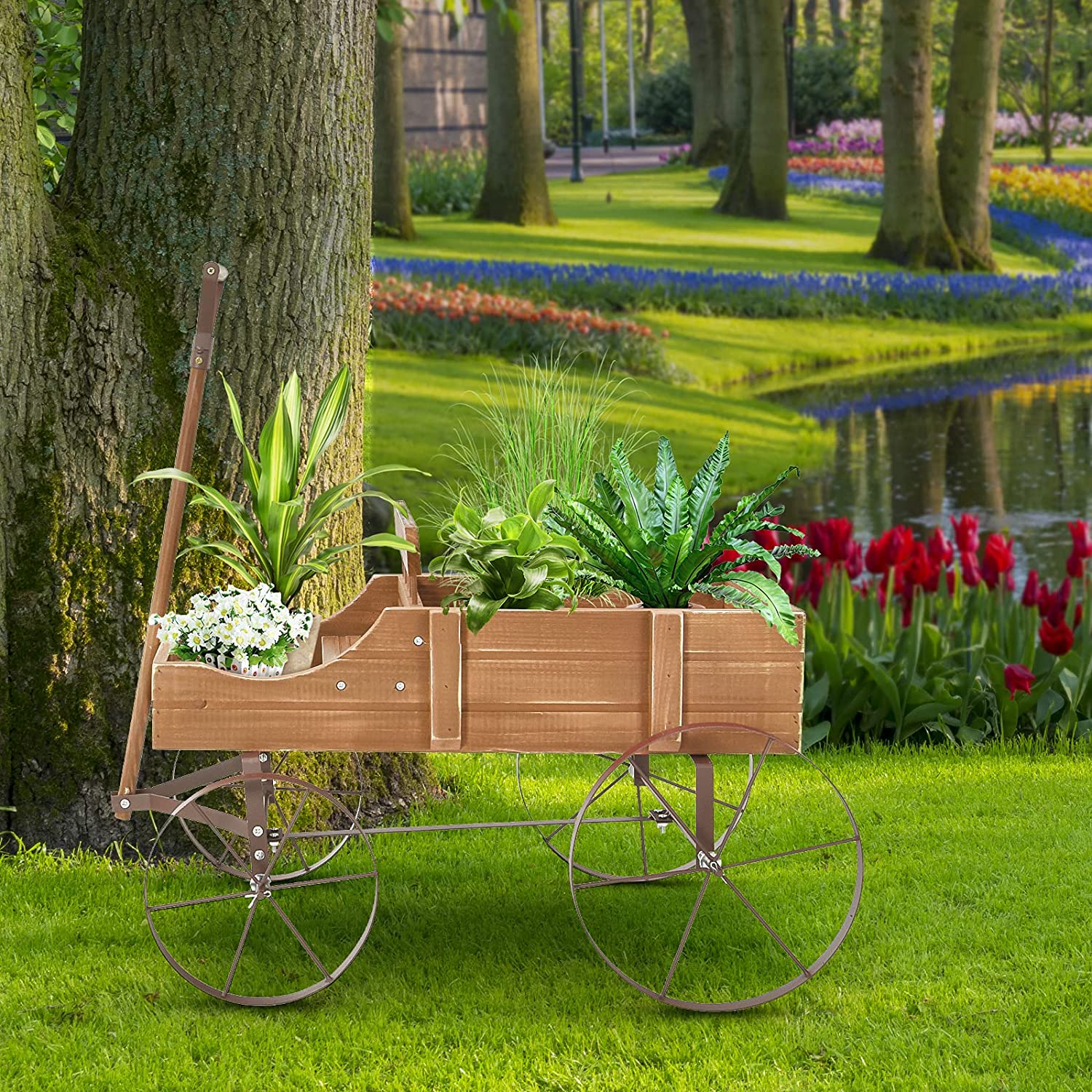 Wooden Wagon Plant Bed in Brown with Metal Wheels