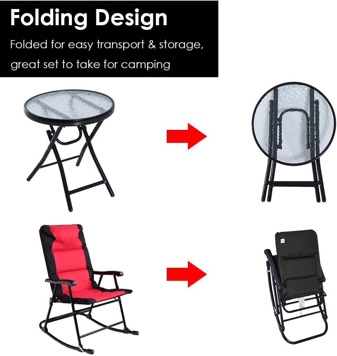 3-Piece Outdoor Folding Rocking Chair Conversation Set with Red and Grey Cushion