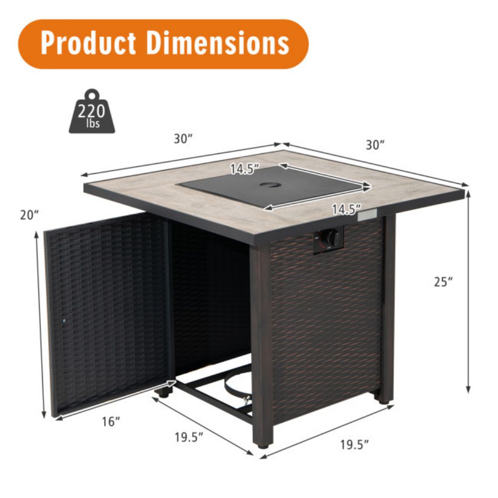 30 in. Outdoor Square Propane Gas Fire Pit Table with Ceramic Tabletop and Table Cover