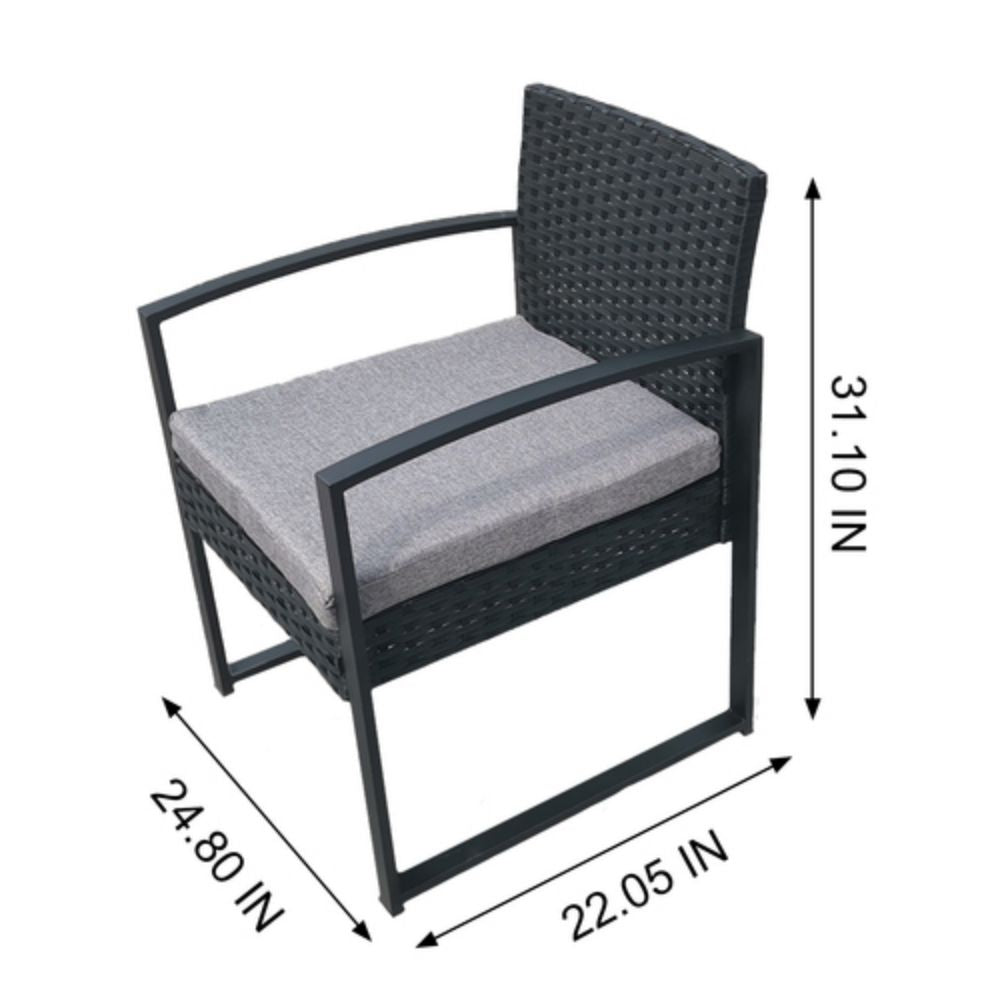 Black 3-Piece Rattan Wicker Outdoor Patio Conversation Set with Gray Cushion