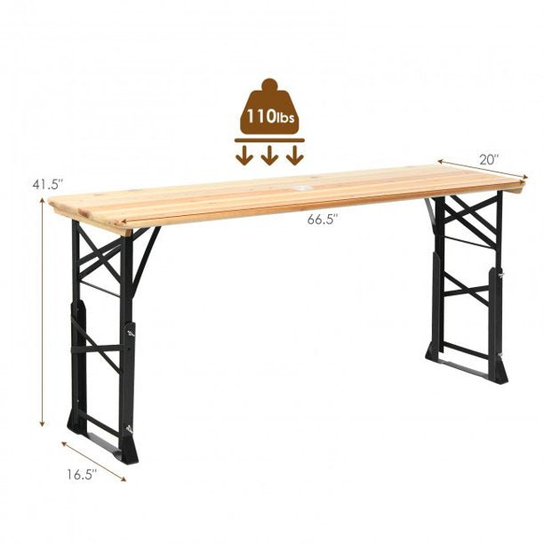 66.5 Inch Folding Table Wood Portable Foldable Picnic Desk With Adjustable Heights and Umbrella Hole