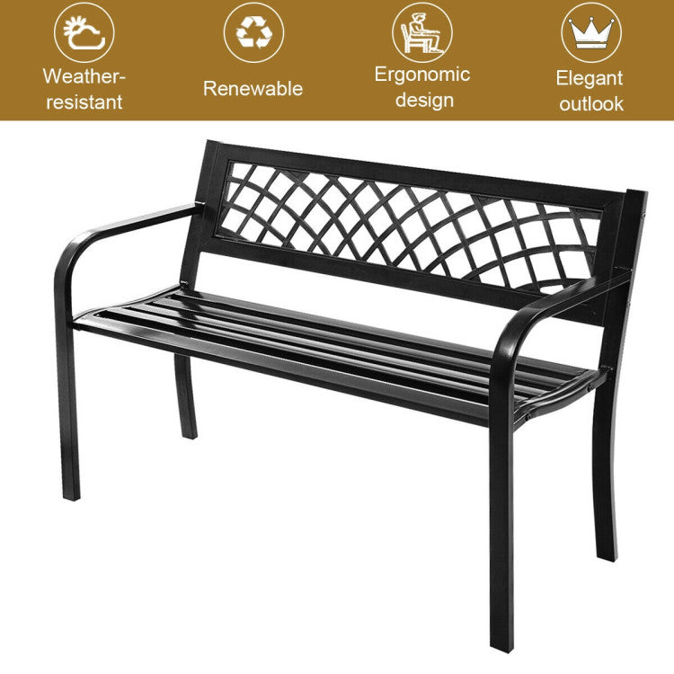 Lattice Black Metal Outdoor Patio Bench