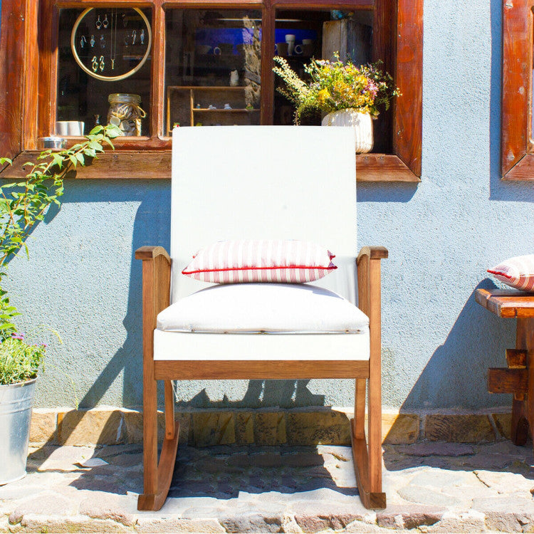 Acacia Wood Outdoor Rocking Chair with White Cushions