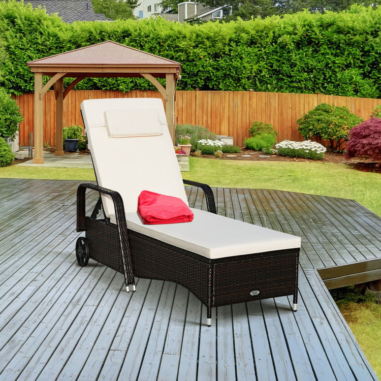 Brown Wicker Outdoor Chaise Lounge Recliner with Beige Cushions