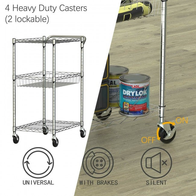 SUGIFT 3-Tier Utility Cart Heavy Duty Wire Rolling Cart with Handle Bar Storage Trolley