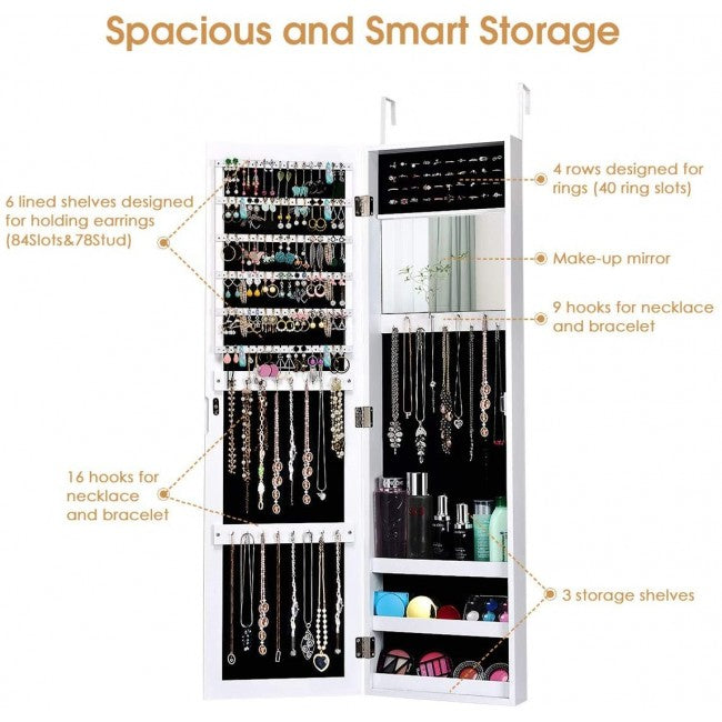 SUGIFT Wall Door Mounted Mirrored Jewelry Cabinet Storage Organizer,White