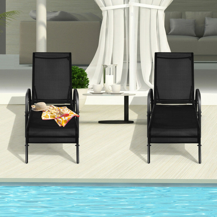 2-Piece Metal Adjustable Outdoor Chaise Lounges Chairs with Adjustable Reclining Armrest in Black