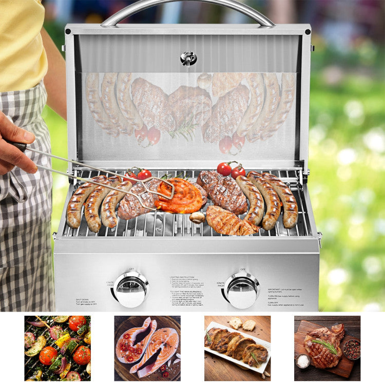 2-Burner Portable Stainless Steel BBQ Table Top Grill for Outdoors
