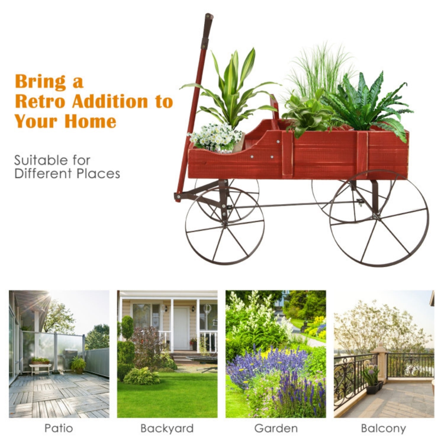 SUGIFT Wooden Wagon Plant Bed with Metal Wheels for Garden Yard, Red