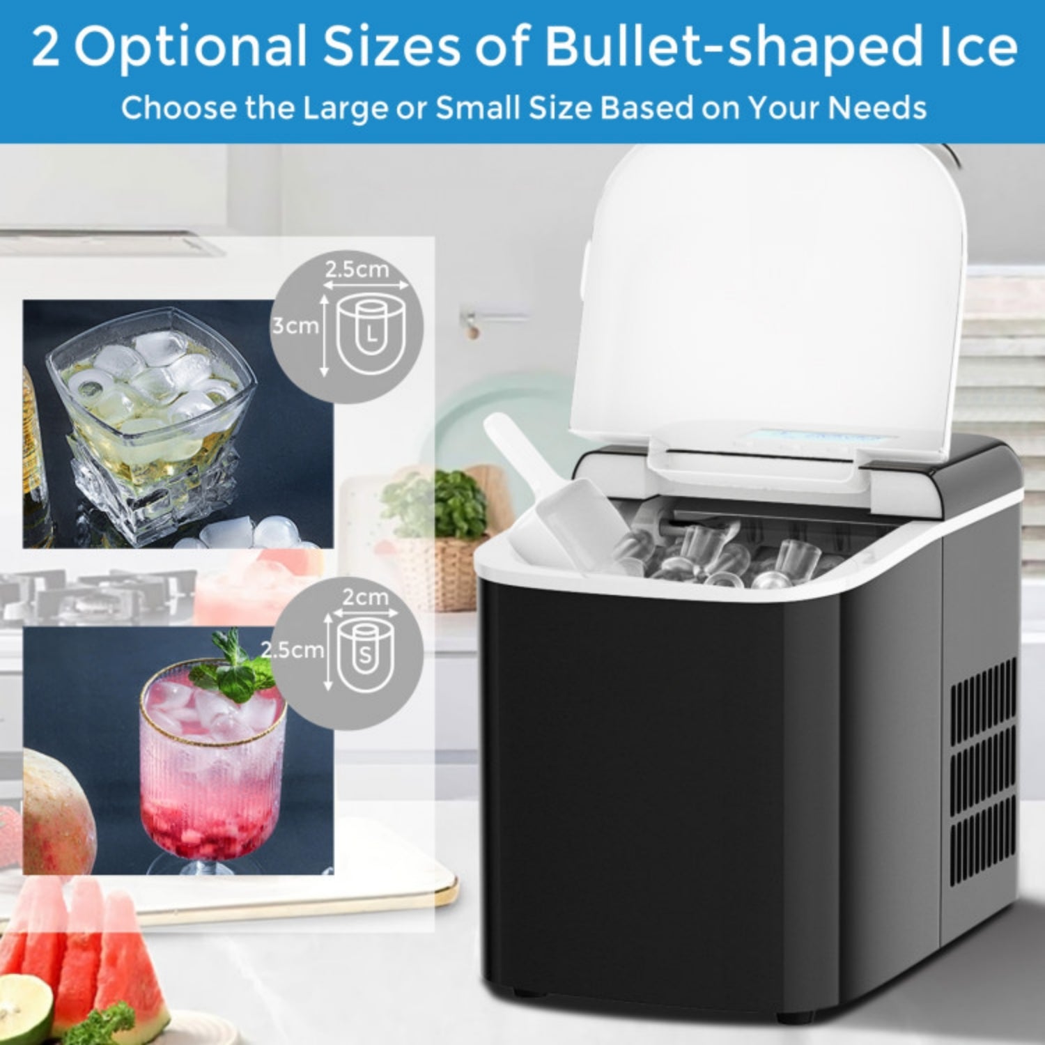 SUGIFT 27 lbs Countertop LCD Display Ice Maker with Ice Scoop,Black