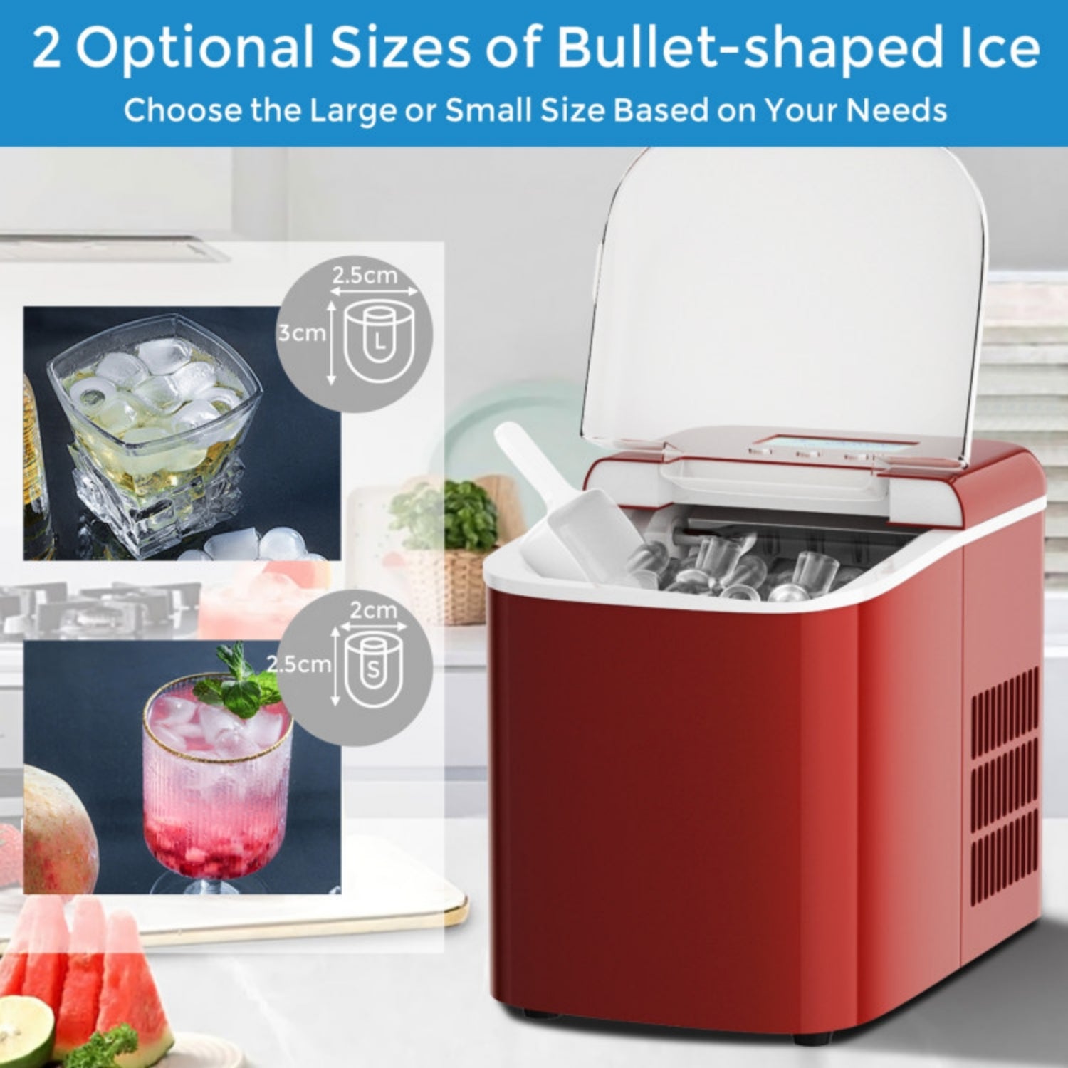 SUGIFT 27 lbs Countertop LCD Display Ice Maker with Ice Scoop,Red