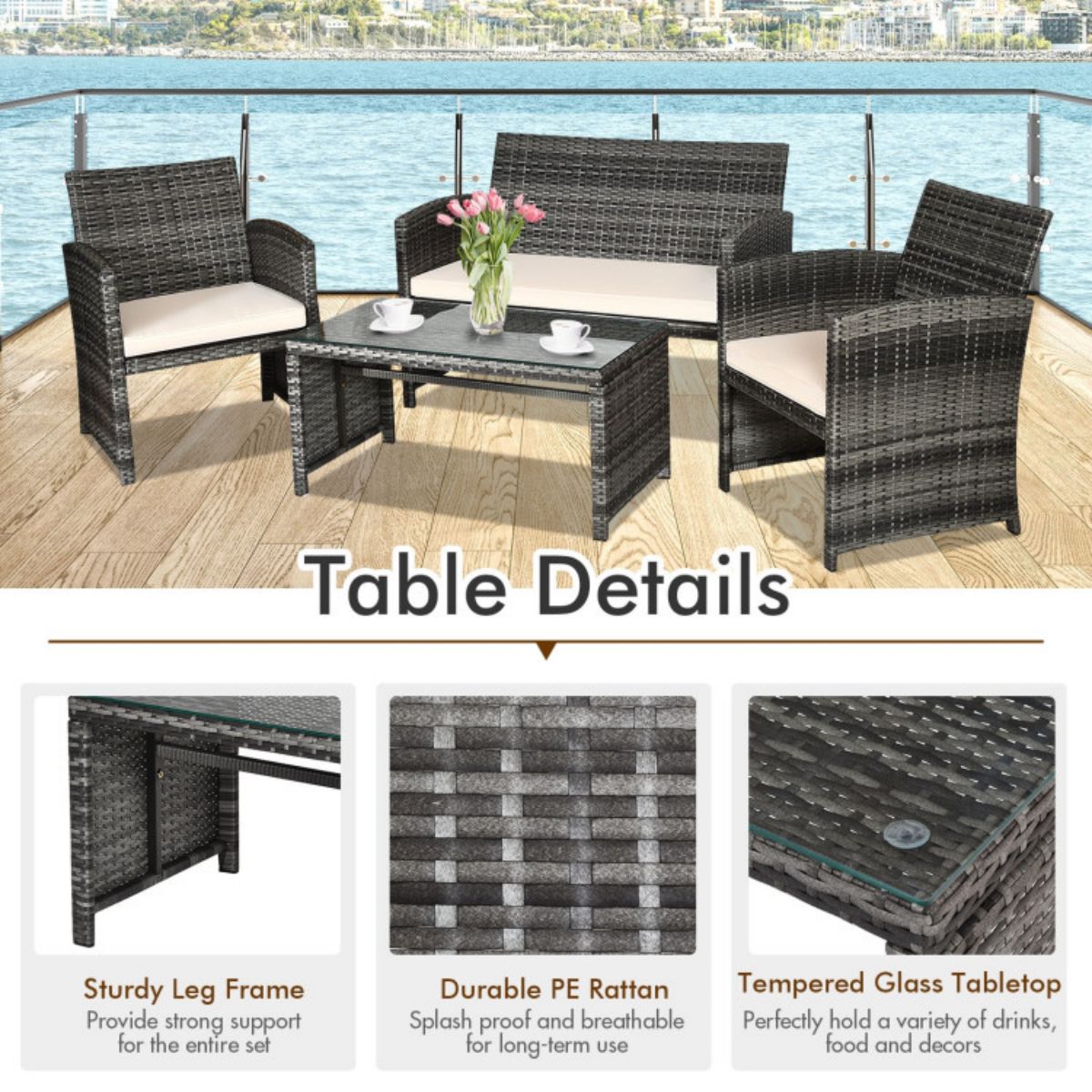 Mixed Grey 4-Piece Wicker Patio Conversation Set with Beige Cushions