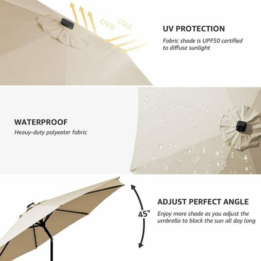 10 ft. Metal Market Solar Tilt Patio Umbrella with Crank and LED Lights in Cream