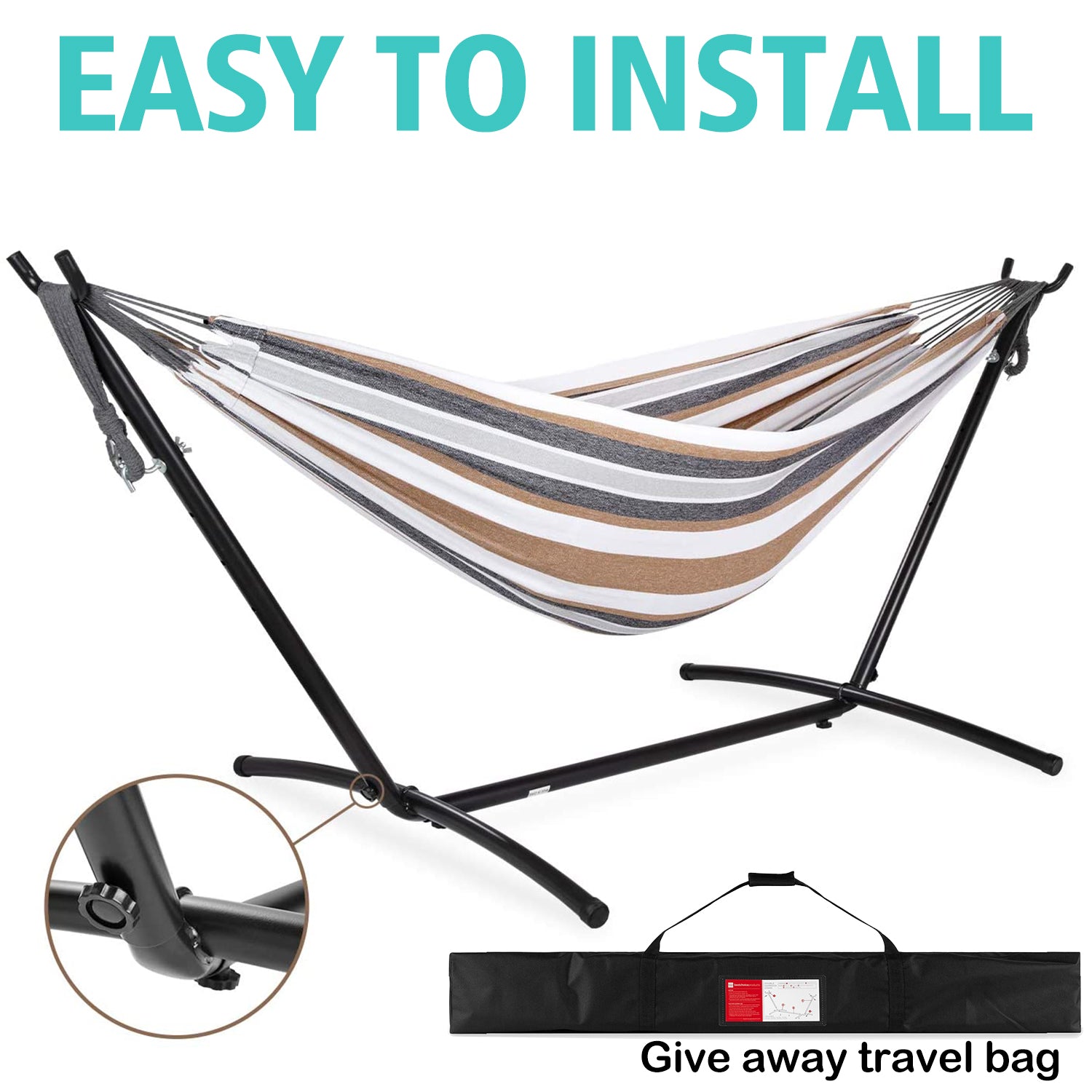 SUGIFT 2-Person Portable Brazilian-Style Cotton Double Hammock with Stand Set with Storage Bag