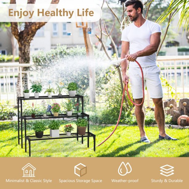 SUGIFT 3 Tier Plant Storage Outdoor Metal Heavy Duty Modern for Multiple Plant Display Stand Rack