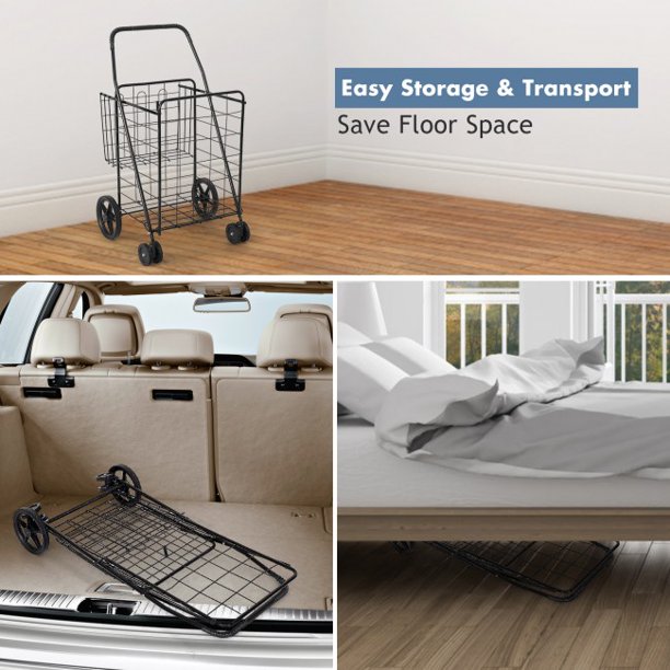 SUGIFT Folding Shopping Cart with Swiveling Wheels and Dual Storage Baskets