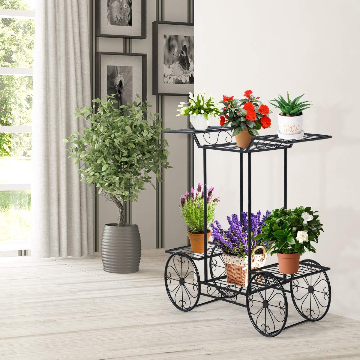 Black Metal Indoor/Outdoor Garden Cart Stand Flower Rack Display Decor Pot Plant Holder (6-Tier)