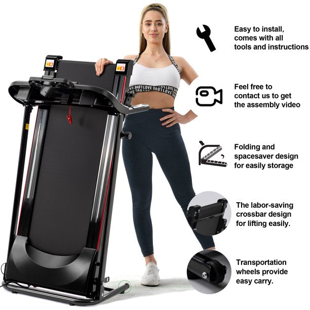 SUGIFT Smart Electric Folding Treadmill with Incline 2.5HP 12KM/H Electric Treadmill for Home, Bluetooth Music Cup Holder Heart Rate Sensor
