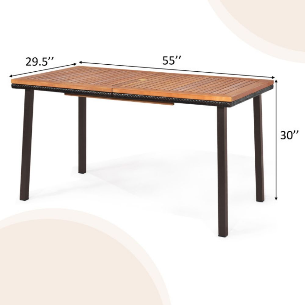 55 in. Patio Wood Rattan Outdoor Dining Table with Acacia Wood Tabletop and Umbrella Hole