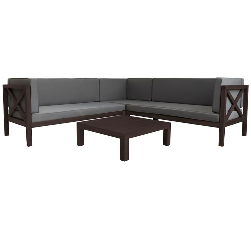 4-Piece Outdoor Wood Patio Backyard Sectional Seating Group with Gray Cushions and Table