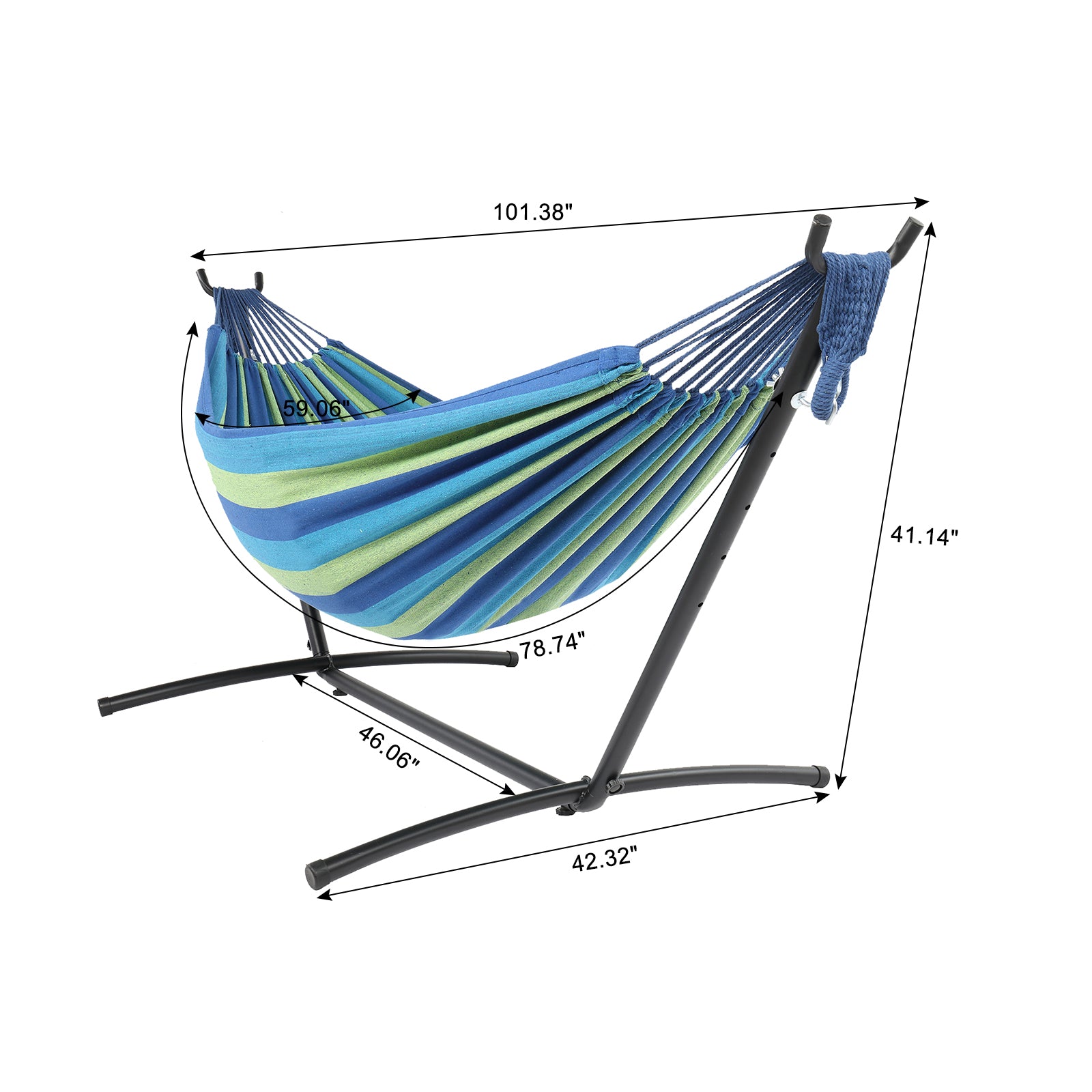 SUGIFT 9 ft Hammock Set, Black Steel Tube Hammock Frame, with 78.7 x 59 inches Polyester-Cotton Small Color Striped Hammock