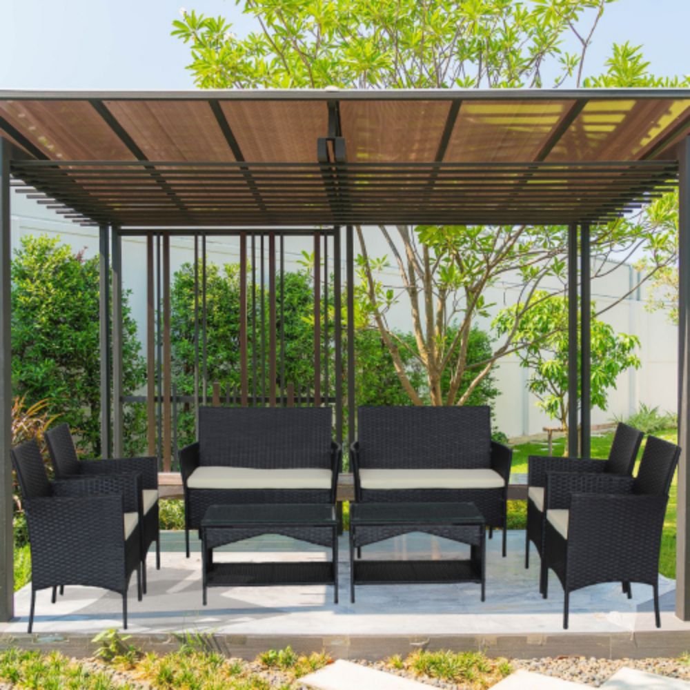 4-Piece Rattan Outdoor Conversation Seating Set with Beige Cushion and Patio Tempered Glass Table