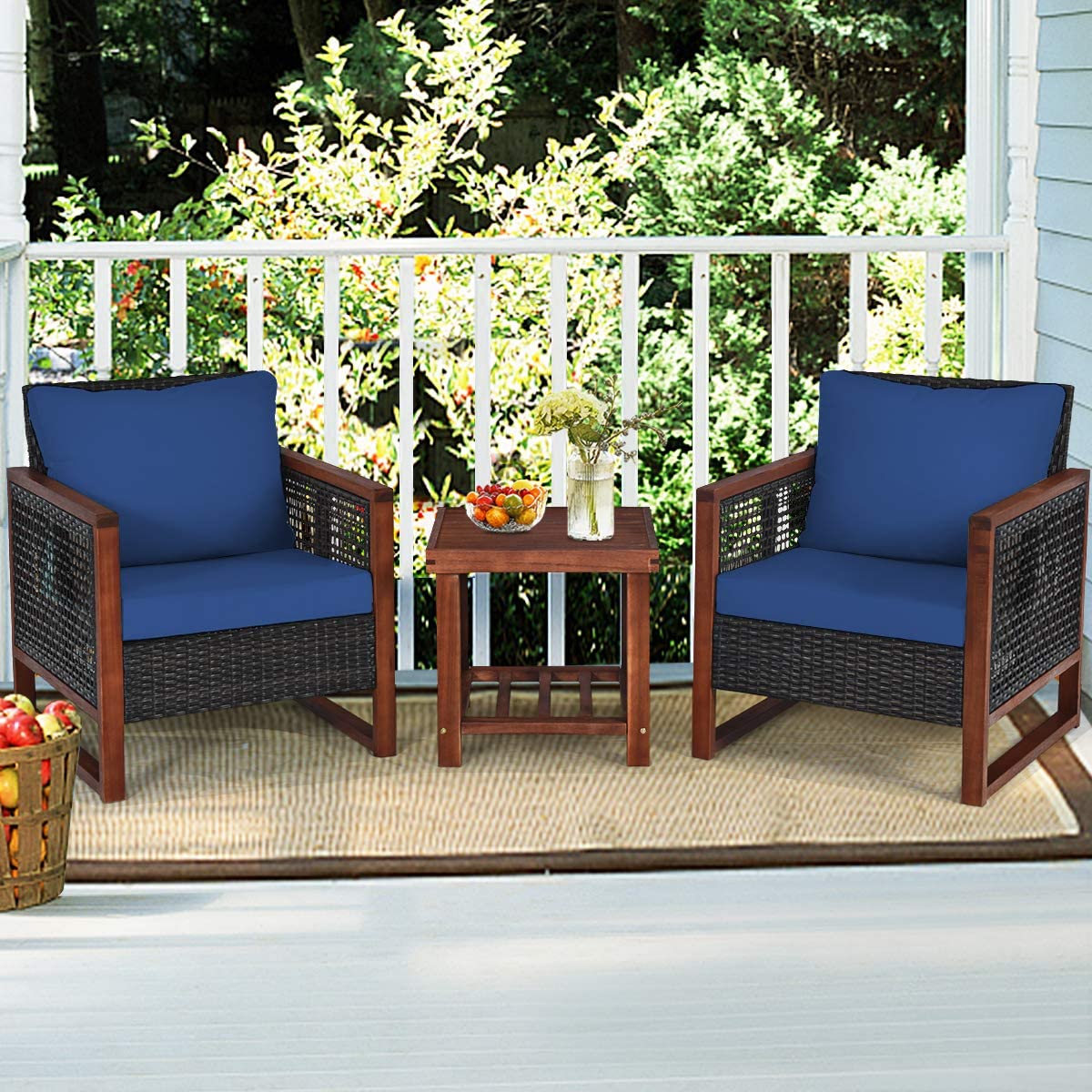 3-Pieces Outdoor Wicker Wooden Frame Patio Conversation Furniture Set with Navy Cushion
