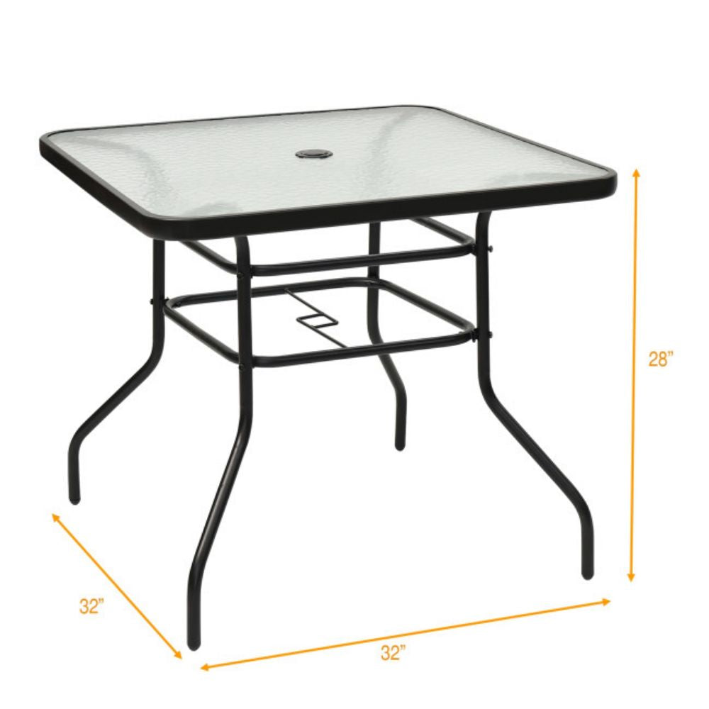 32 in. Patio Metal Square Outdoor Dining Table with Umbrella Hole and Tempered Glass