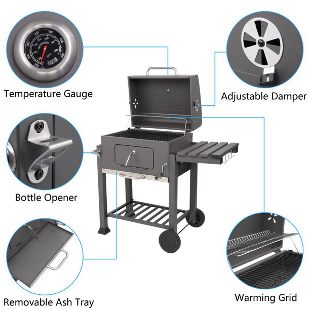 Charcoal Grill, Portable Grill Barbecue Grill with Side Tables Outdoor Cooking Grills and Smokers for BBQ Camping Patio Picnic Backyard, Black