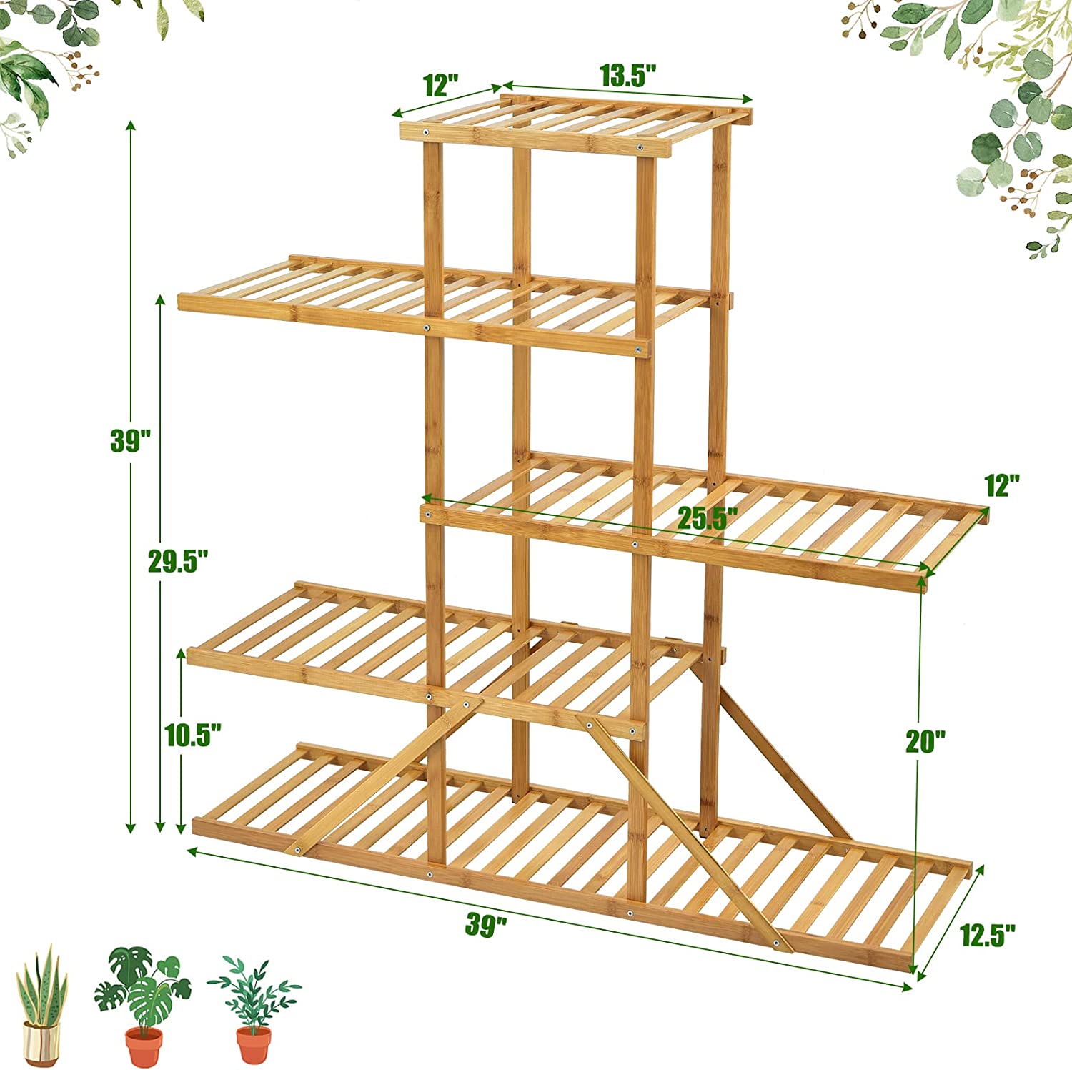 Indoor/Outdoor Natural Wood Plant Stand 10 Potted Plant Shelf Display Holder (5-Tier)