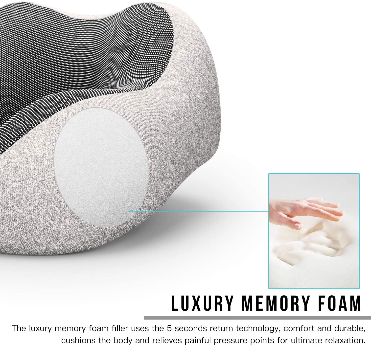 SUGIFT Travel Pillow 100% Pure Memory Foam Neck Pillow, Comfortable & Breathable Cover, Machine Washable, Airplane Travel Kit with 3D Contoured Eye Masks, Earplugs, and Luxury Bag, Standard (Grey)