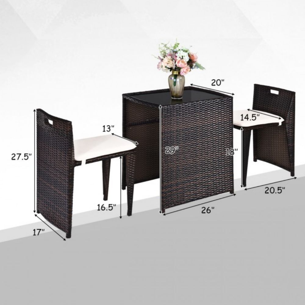 3-Pieces Wicker Patio Outdoor Chair and Table Set with Beige Cushions