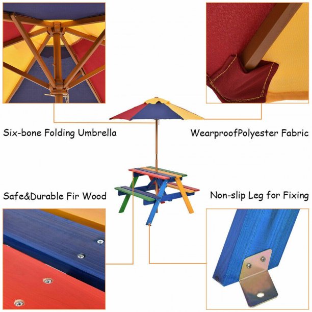 Kids Picnic Table with Umbrella 4 Seat Table Chair Set