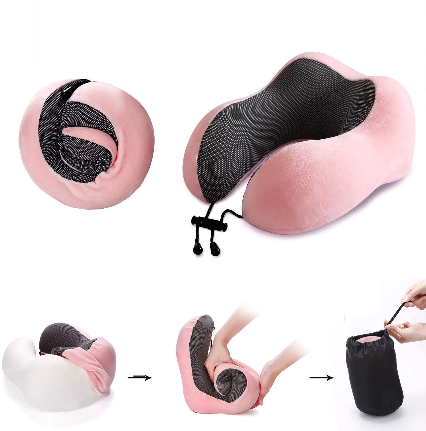 SUGIFT Travel Pillow 100% Pure Memory Foam Neck Pillow, Comfortable & Breathable Cover, Machine Washable, Airplane Travel Kit with 3D Contoured Eye Masks, Earplugs, and Luxury Bag, Standard (Pink)