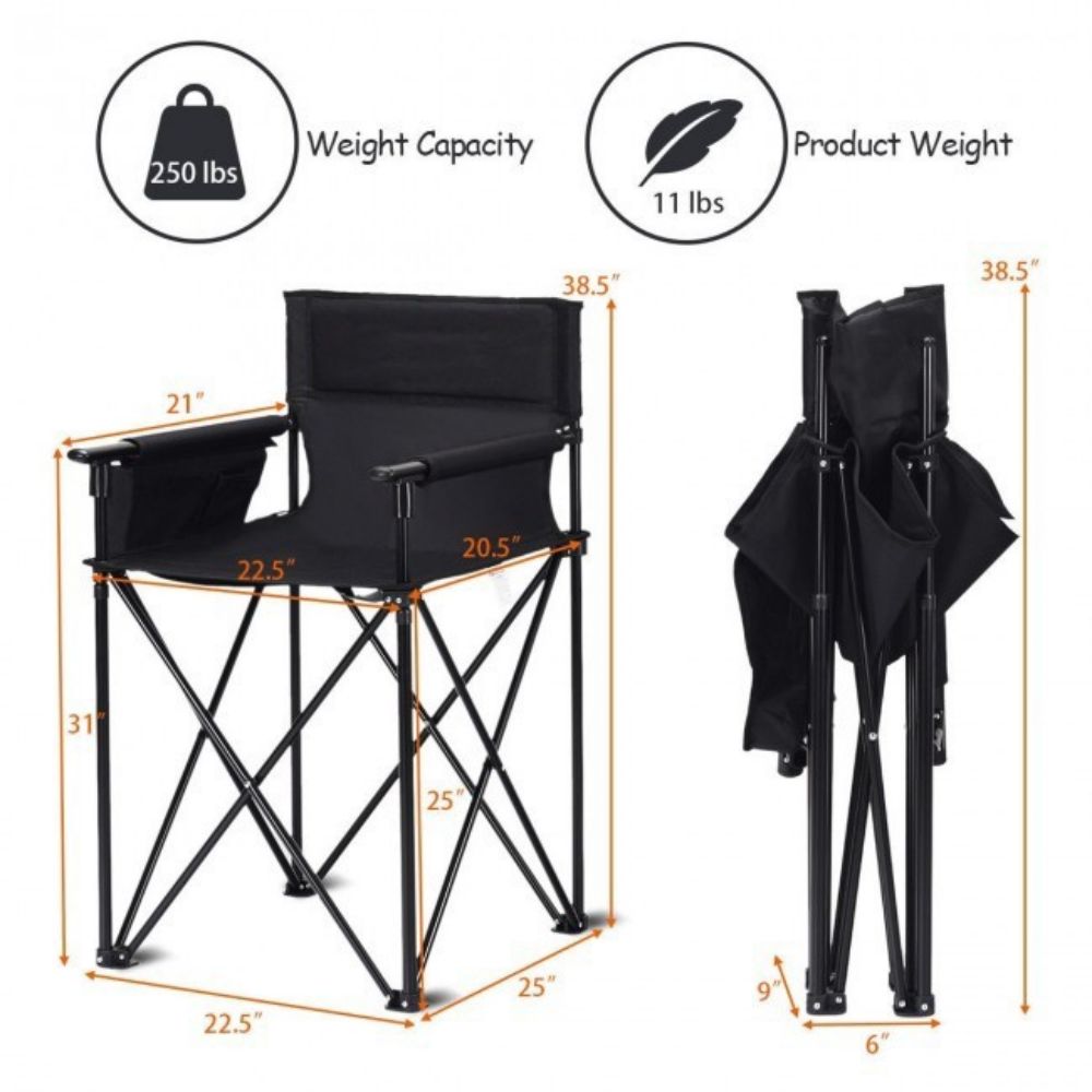 38 in. Oversized High Camping Portable Fishing Black Metal Folding Beach Chair