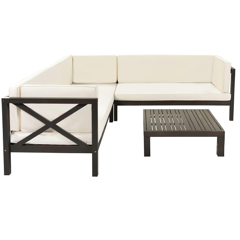 4-Piece Outdoor Wood Patio Backyard Sectional Seating Group with Beige Cushions and Table
