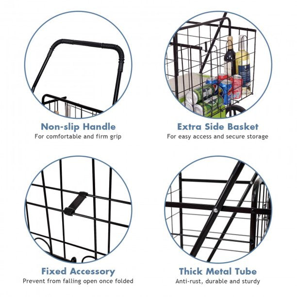 SUGIFT Folding Shopping Cart with Swiveling Wheels and Dual Storage Baskets