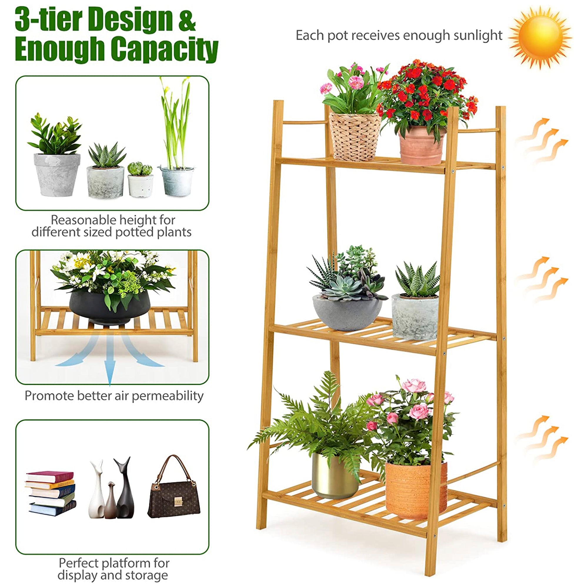 Indoor/Outdoor Natural Bamboo Wood Ladder Plant Stand Display Holder (3-Tier)