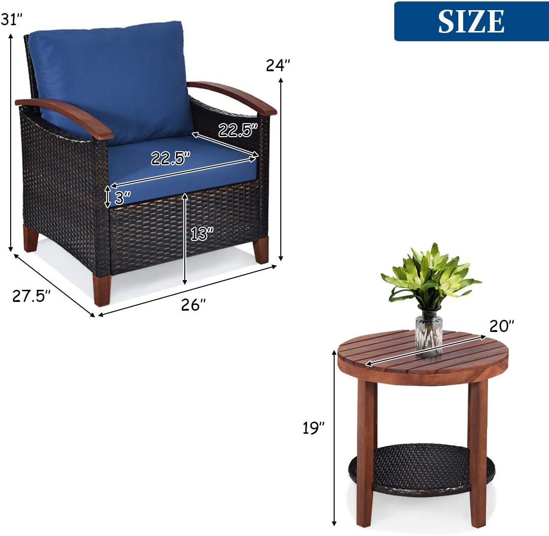 3-Pieces Outdoor Wicker Wooden Frame Patio Conversation Furniture Set with Blue Cushion